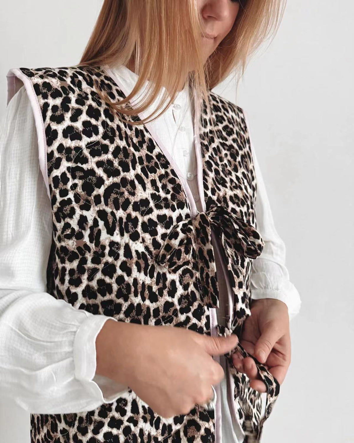 Denim Vest with Leopard Print, Bow Details and Relaxed Fit