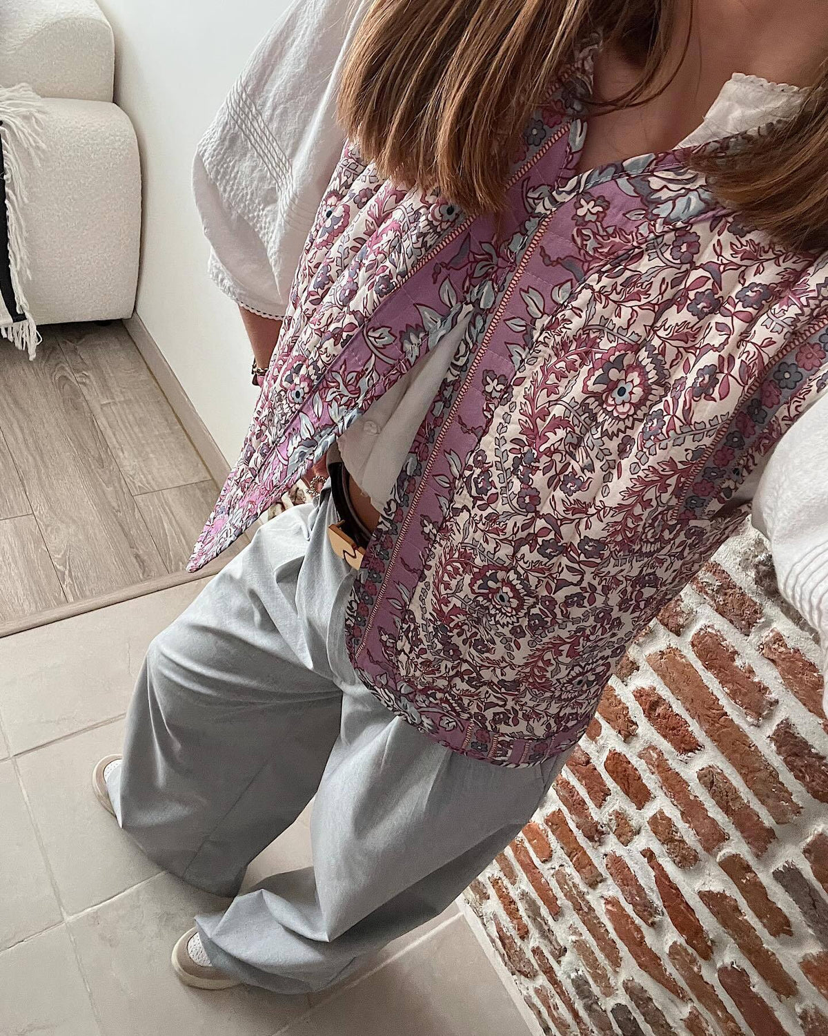 Lightweight Denim Vest with Ethnic Print and Relaxed Fit