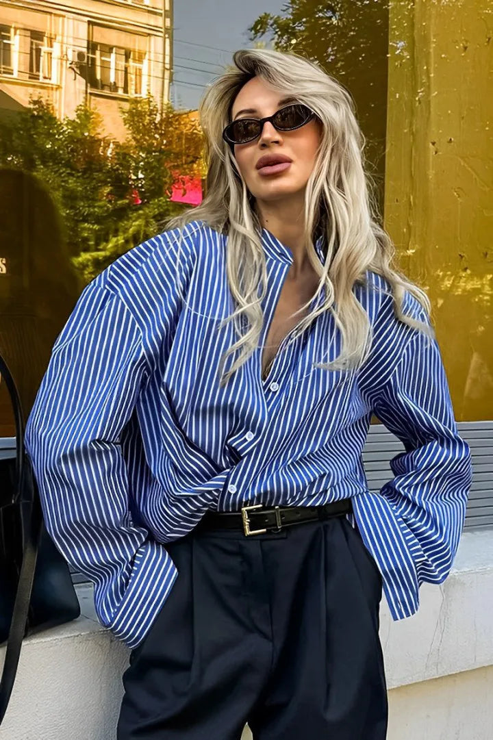 Modern Patchwork Striped Loose Long Sleeve Blouse