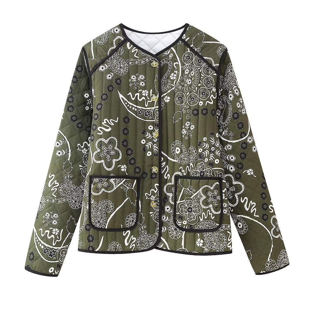 Quilted Jacket with Floral Print and Ethnic Print