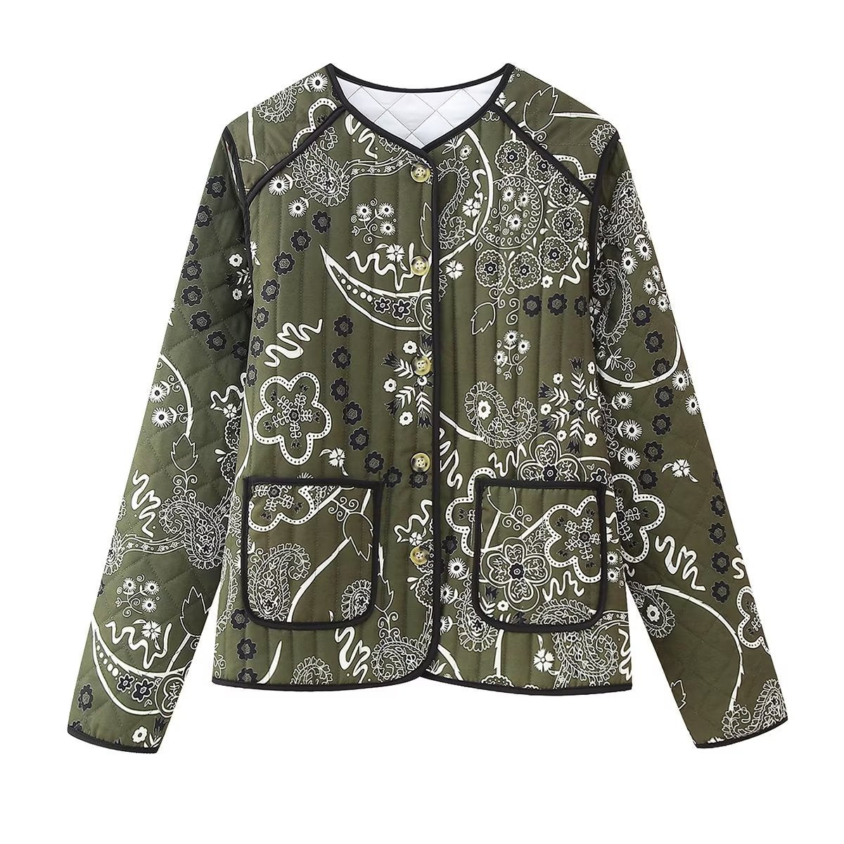 Quilted Jacket with Floral Print and Ethnic Print