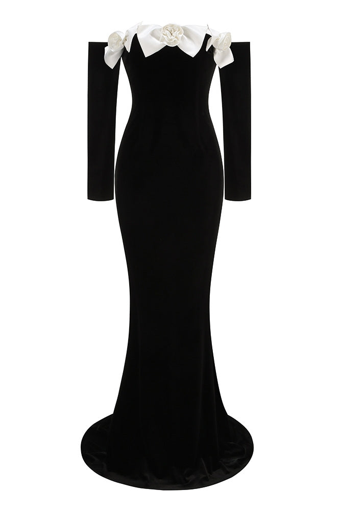 Lara Bowtie Off-shoulder Velvet Maxi-Length Dress