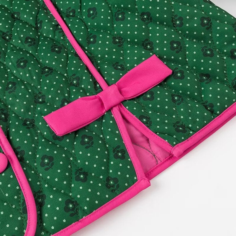 Quilted Jacket with Floral Print and Pink Bows