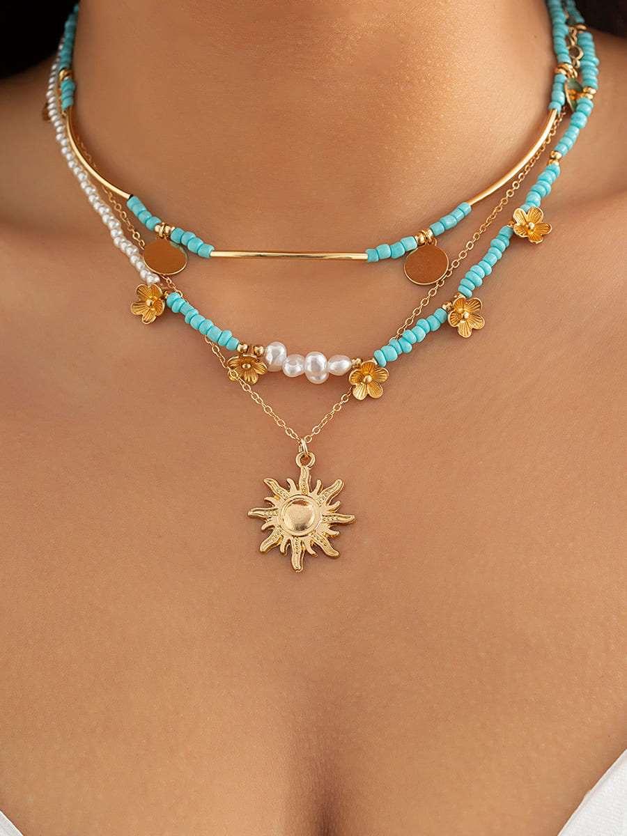 3pcs Sun & Flower Faux Pearl Beaded Necklace