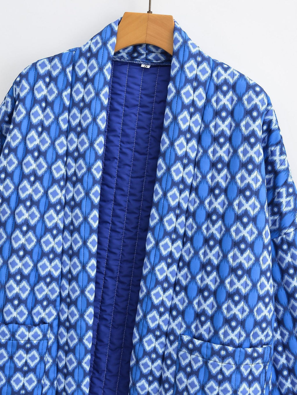 Quilted Jacket with Floral Print, Geometric Pattern and Pockets