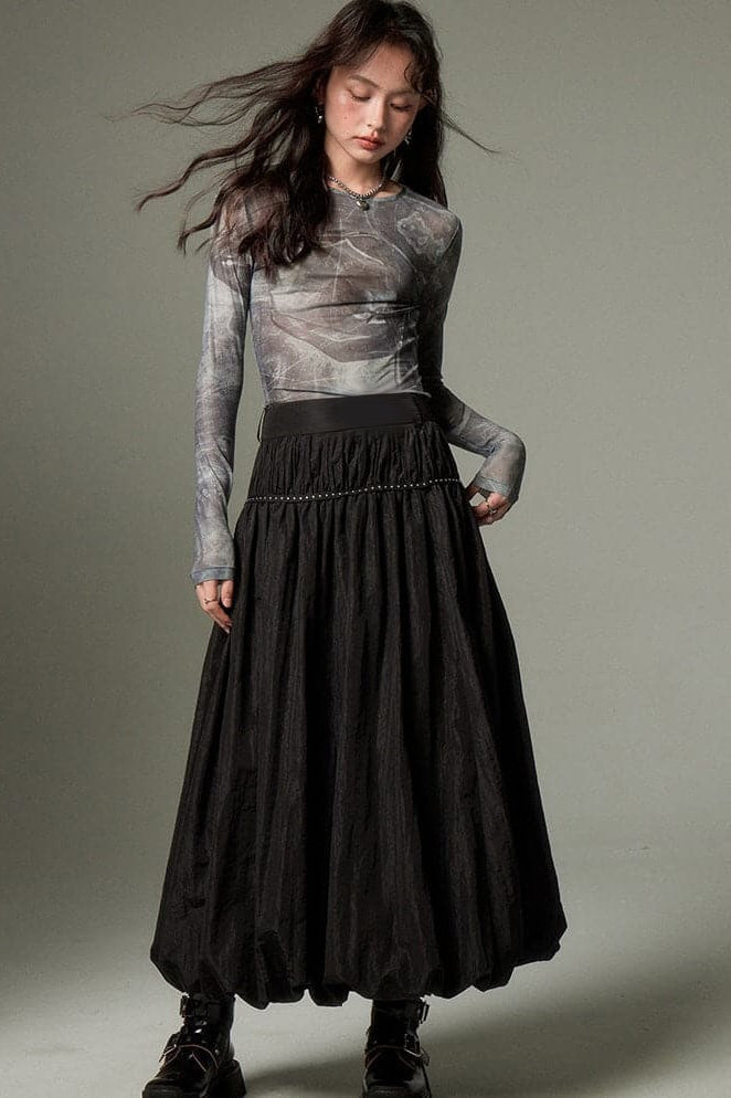 Retro Ruffled Flowy Midi Skirt