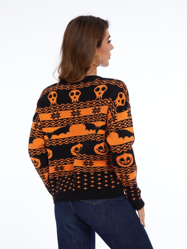 Halloween Pumpkin Pattern Crew Neck Knitted Knit Sweater