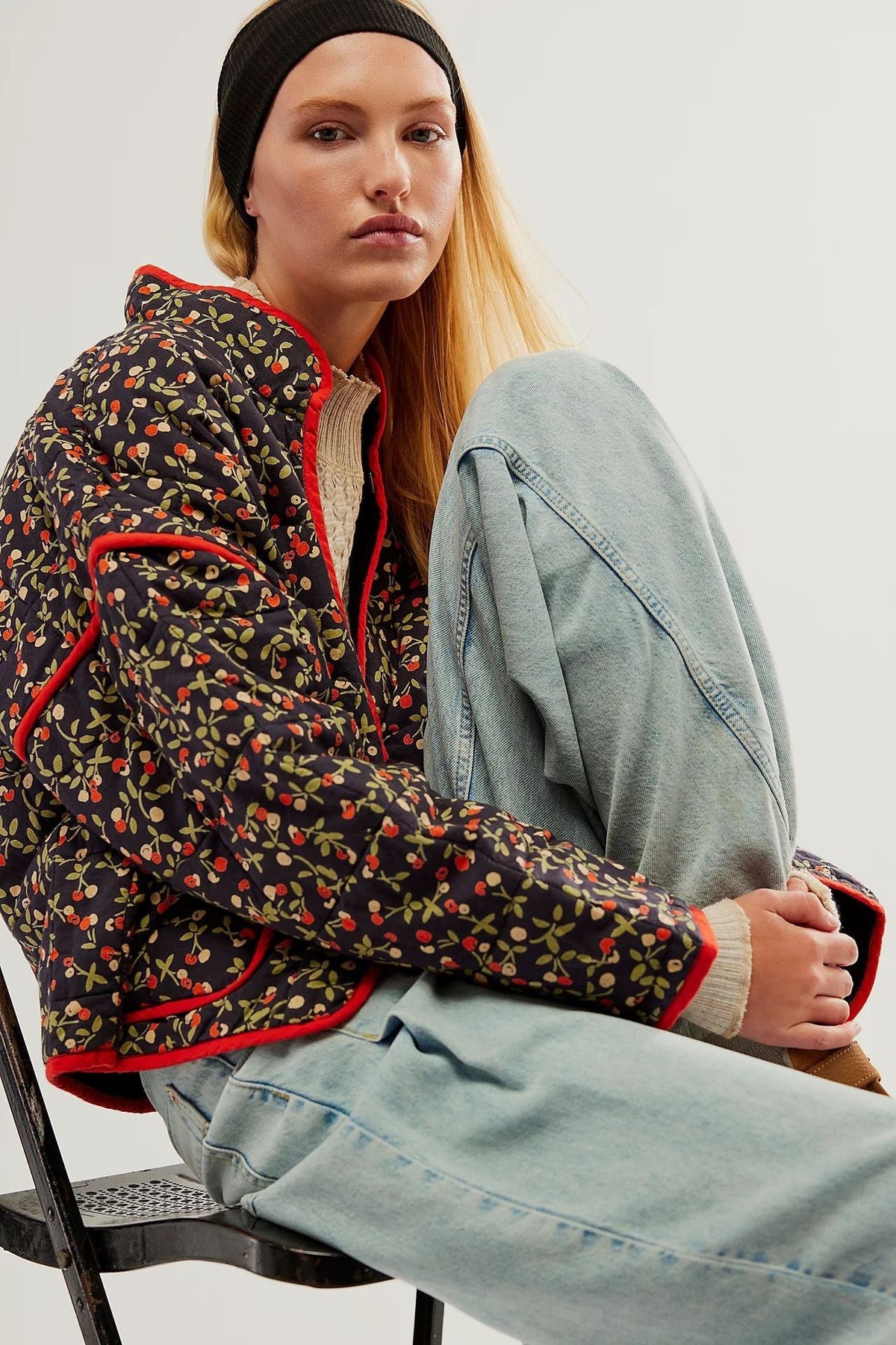 Jacket with Floral Print, Pockets and Drop Shoulders