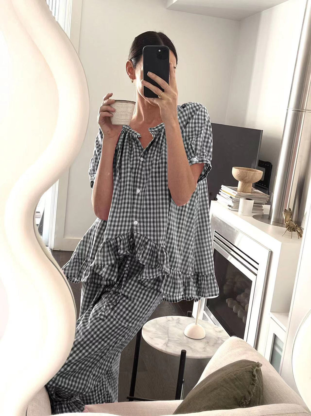 Relaxed Ruffled Plaid Print Shirt Pajama Set