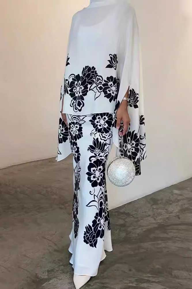 Refined Flower Turtleneck Skirt Suit