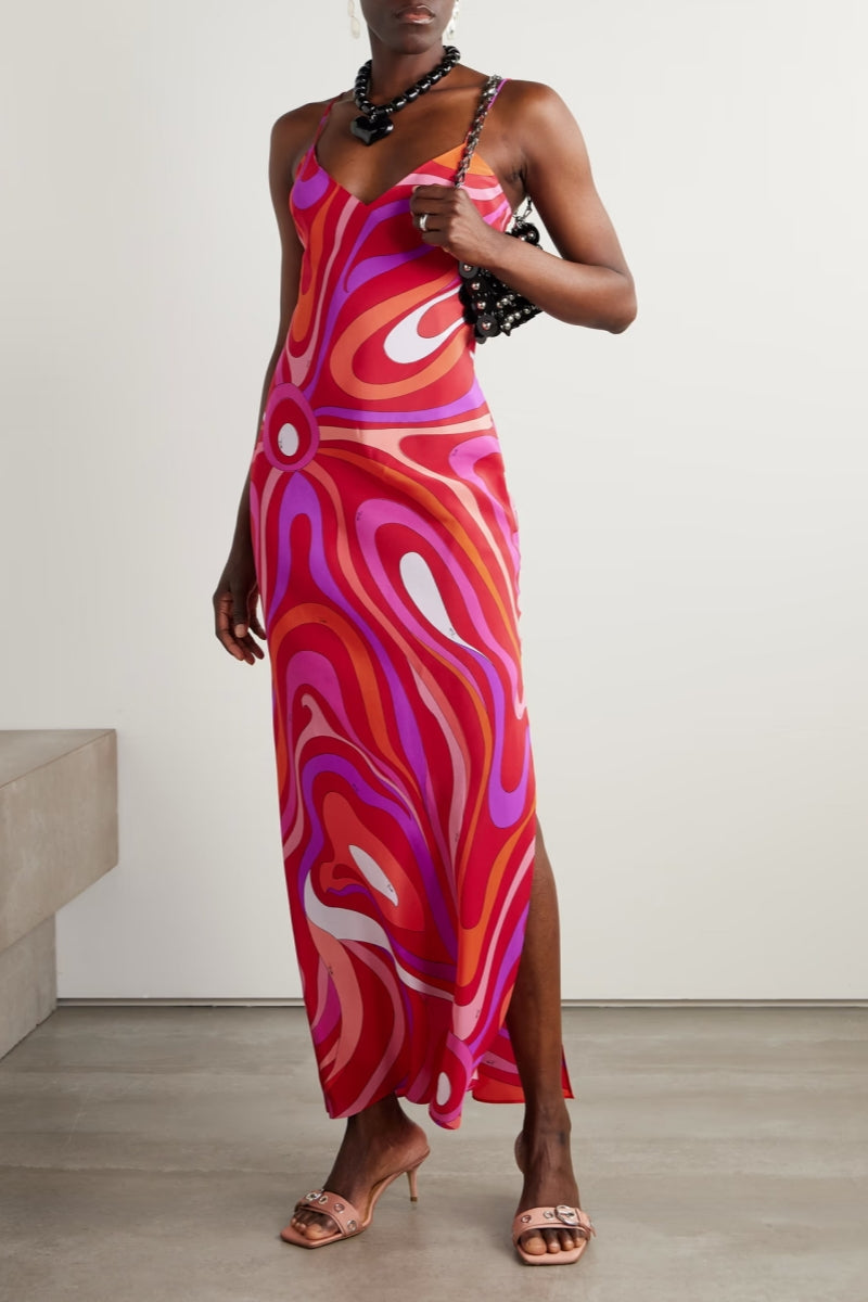 Marmo Patterned Satin Maxi-Length Dress
