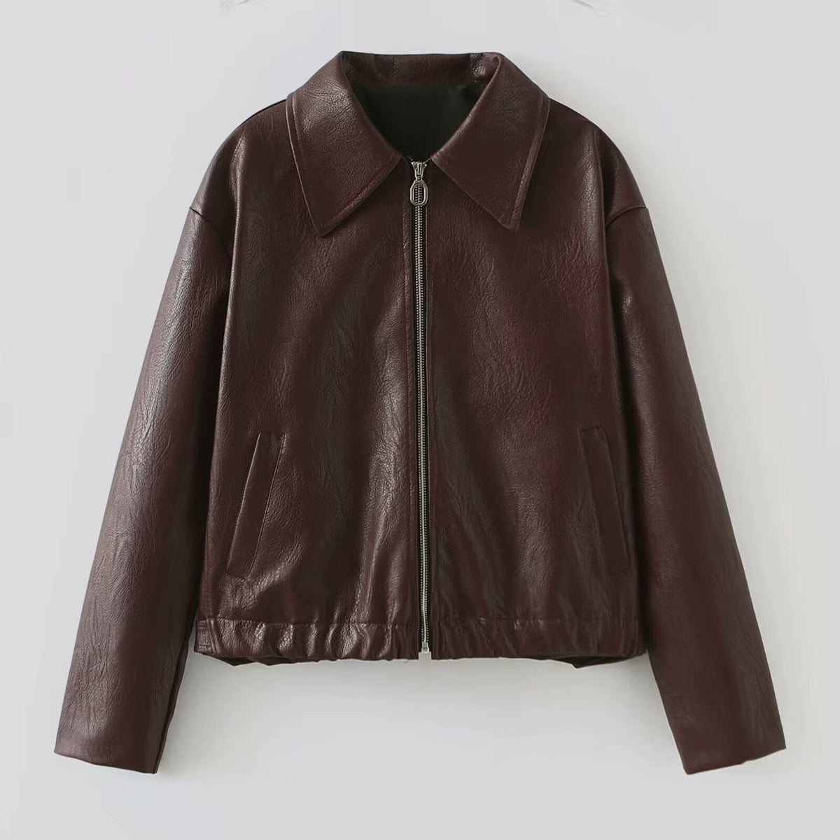 Faux Leather Jacket with Lapel Collar and Zipper