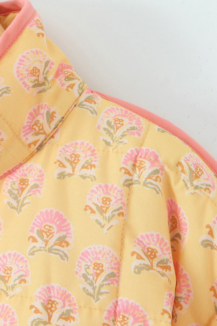 Jacket with Floral Print, Patchwork and Stand Collar