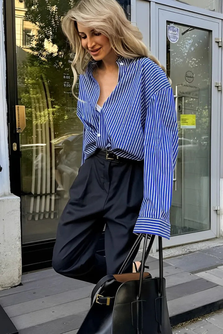Modern Patchwork Striped Loose Long Sleeve Blouse