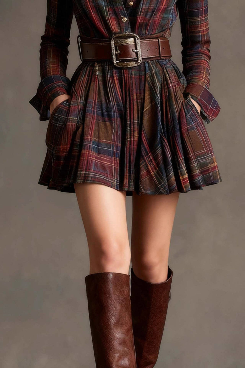 Retro Lapel Red and Brown Plaid Mini-Length Dress(Includes belt)
