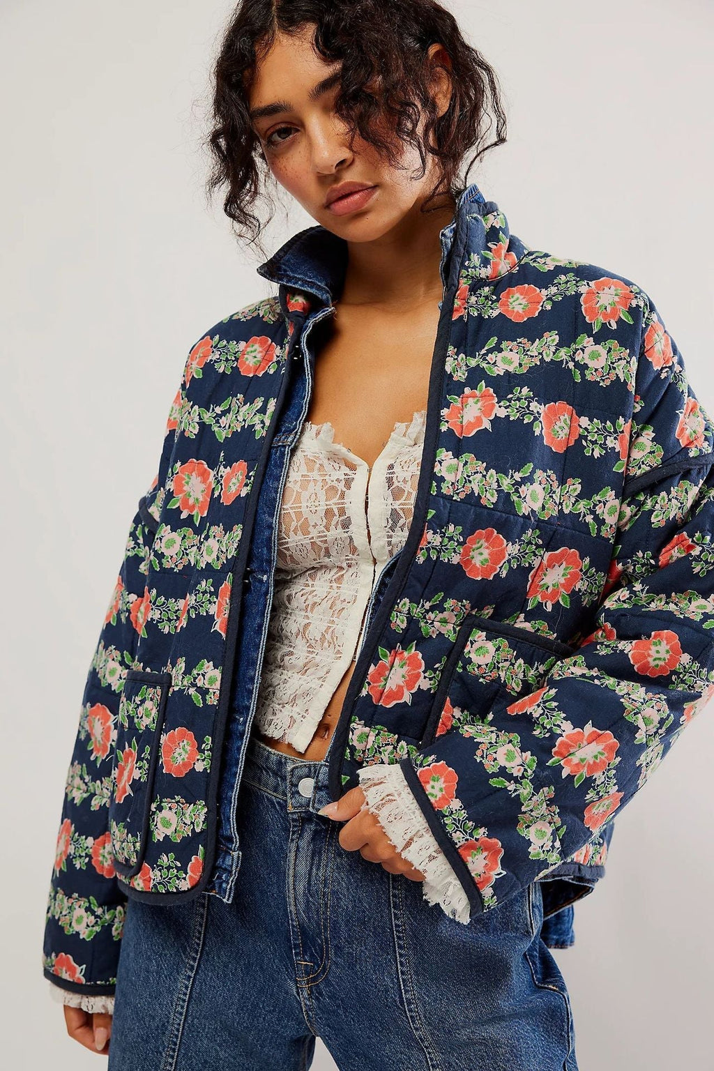Jacket with Floral Print, Pockets and Drop Shoulders