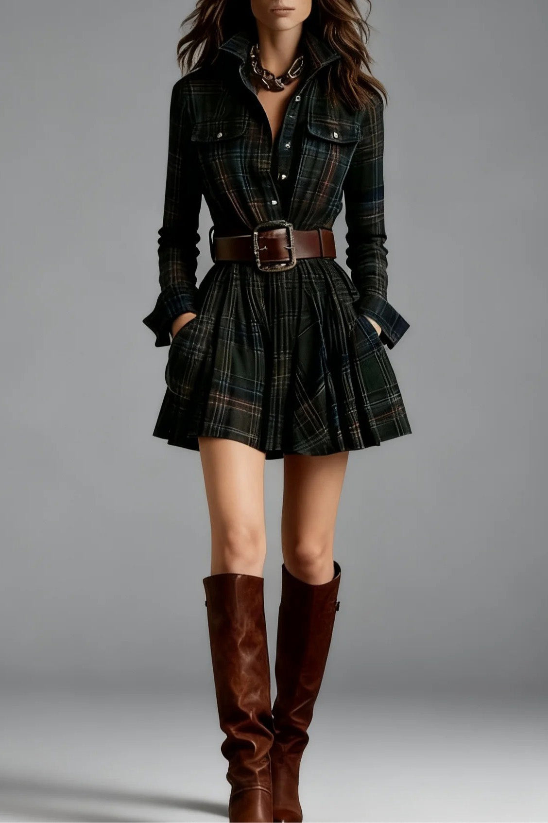 Retro Lapel Red and Brown Plaid Mini-Length Dress(Includes belt)