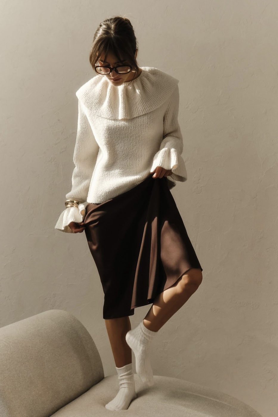 Warm Tone Pure Color Ruffled Knit Sweater