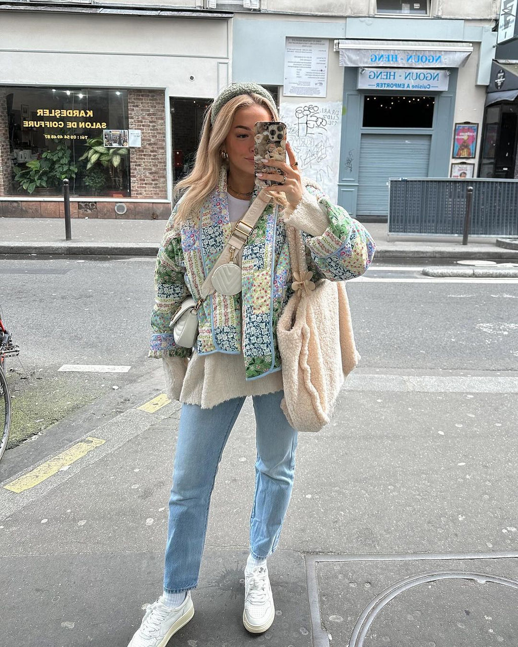 Jacket with Floral Print, Patchwork and Pockets