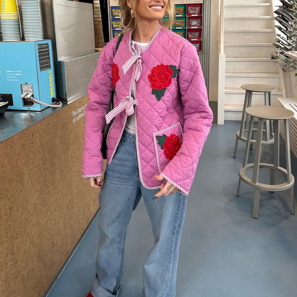 Lightweight Denim Jacket with Bow Details and Crew Neck