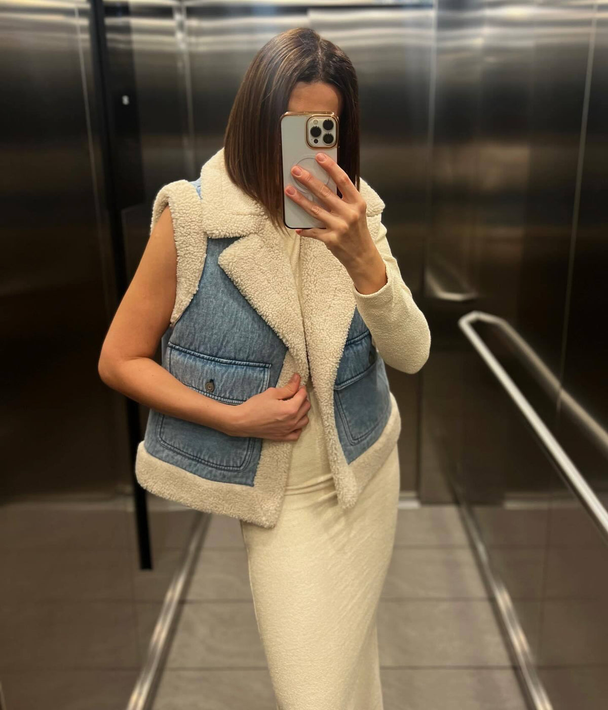 Denim Vest with Lapel Collar and Pockets