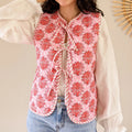 Denim Vest with Floral Print, V-Neck and Tie Details