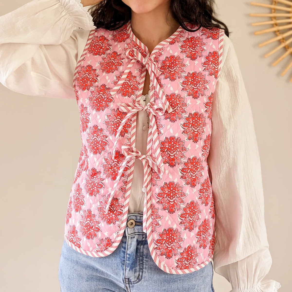 Denim Vest with Floral Print, V-Neck and Tie Details