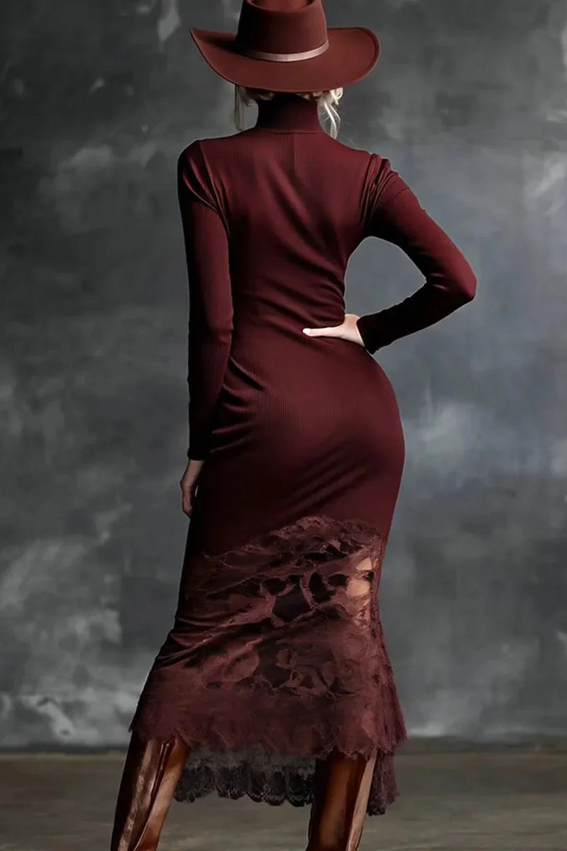 Refined High-neck Lace Hem Burgundy Maxi-Length Dress
