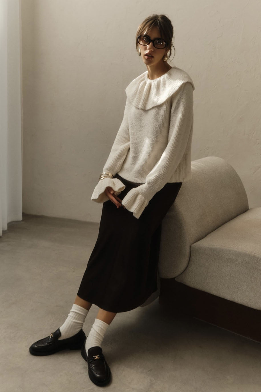 Warm Tone Pure Color Ruffled Knit Sweater
