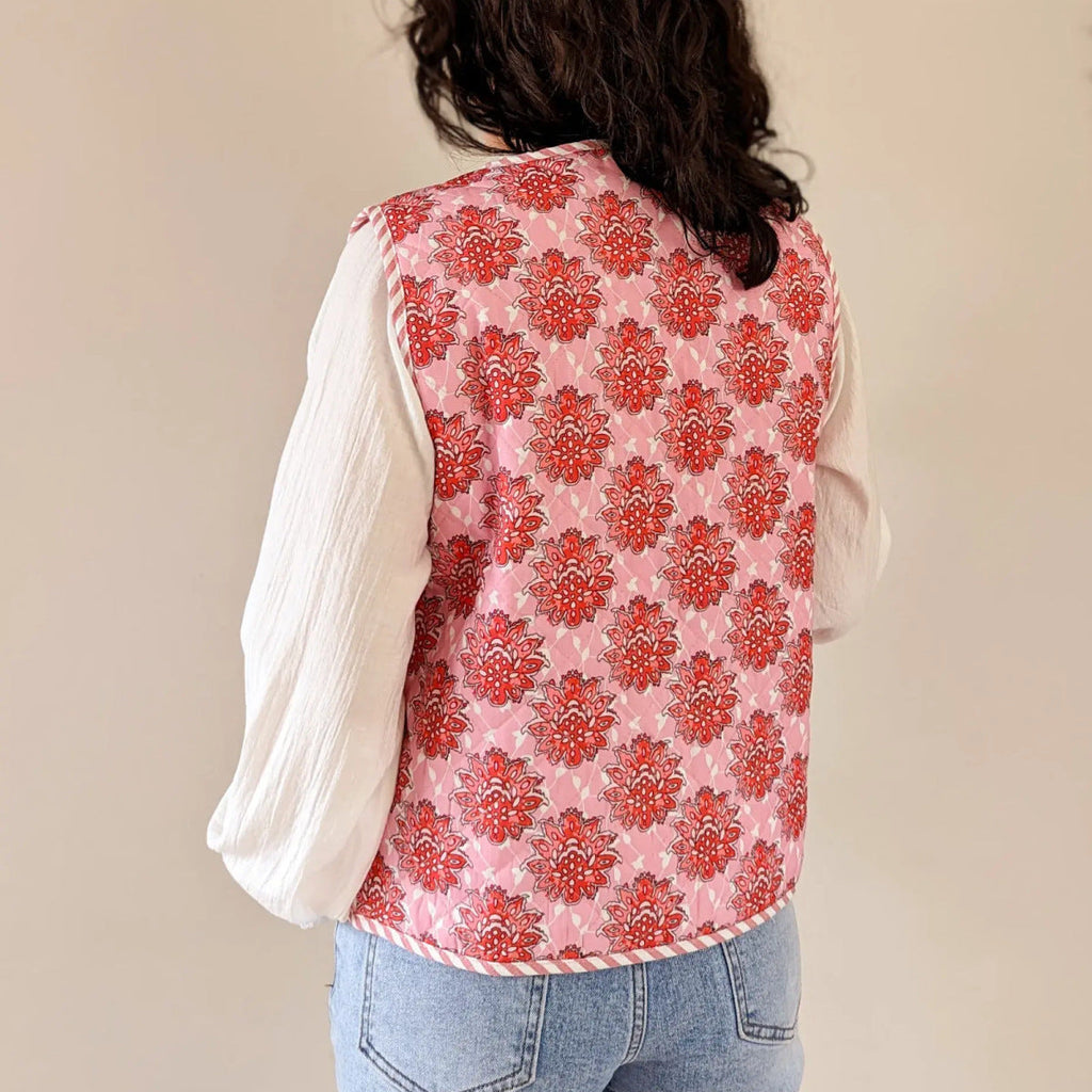 Denim Vest with Floral Print, V-Neck and Tie Details