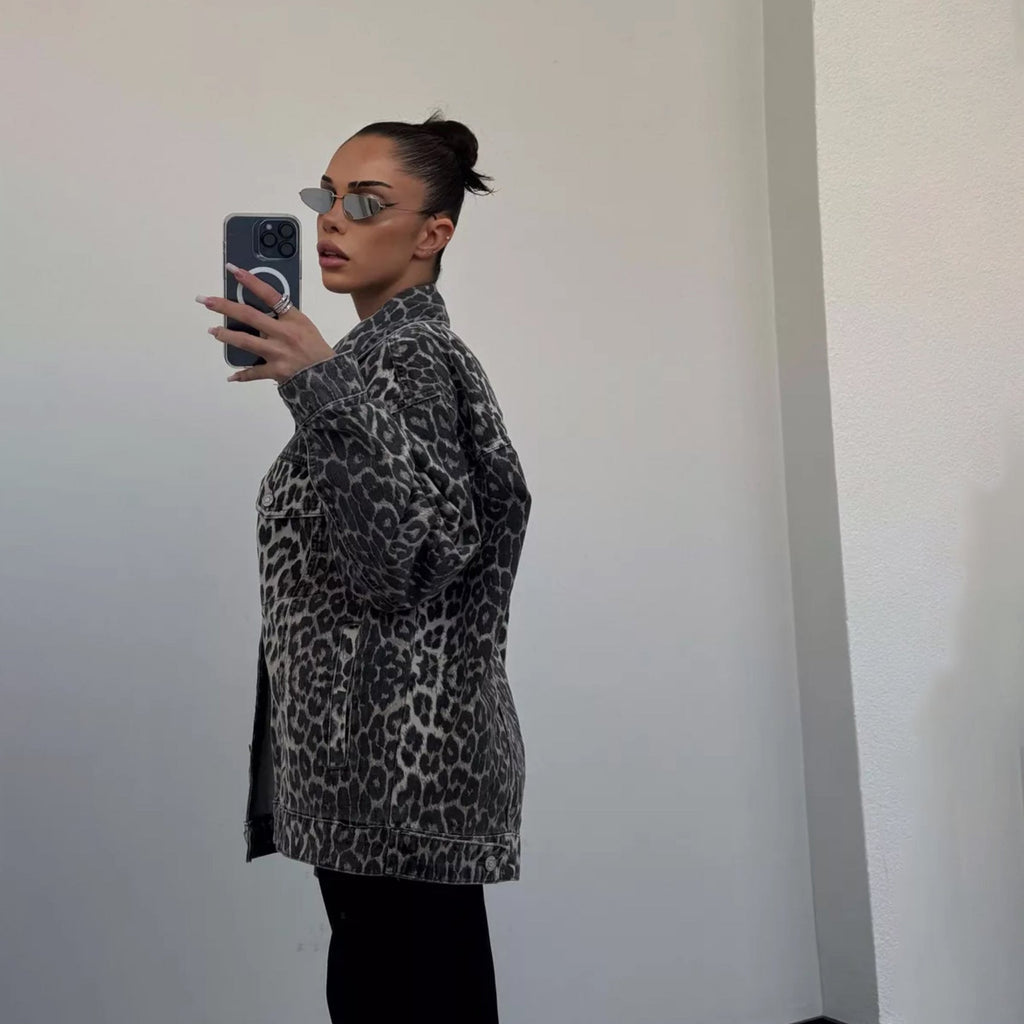 Denim Jacket with Leopard Print and Relaxed Fit
