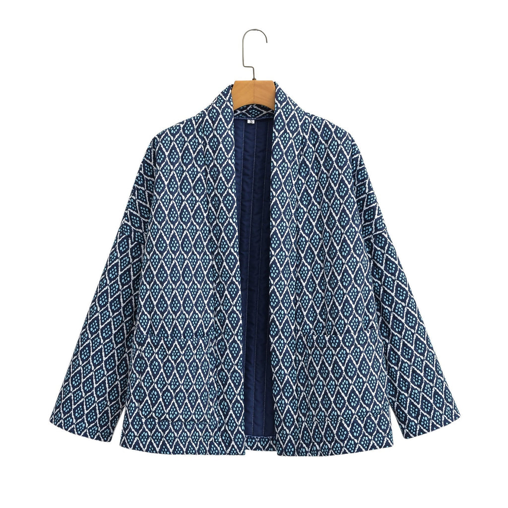 Quilted Jacket with Floral Print, Geometric Pattern and Pockets