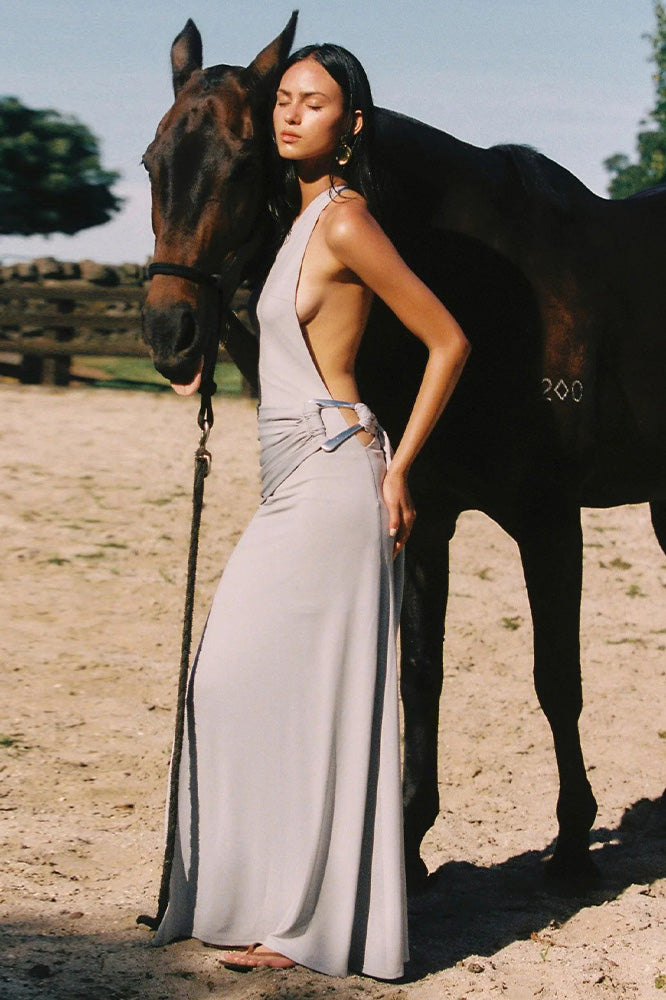 One-Shoulder Open-Back Metal Maxi-Length Dress