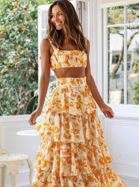 Daniela - Two-Piece Set - Short Top and Overlay Skirt with Floral Print in Orange