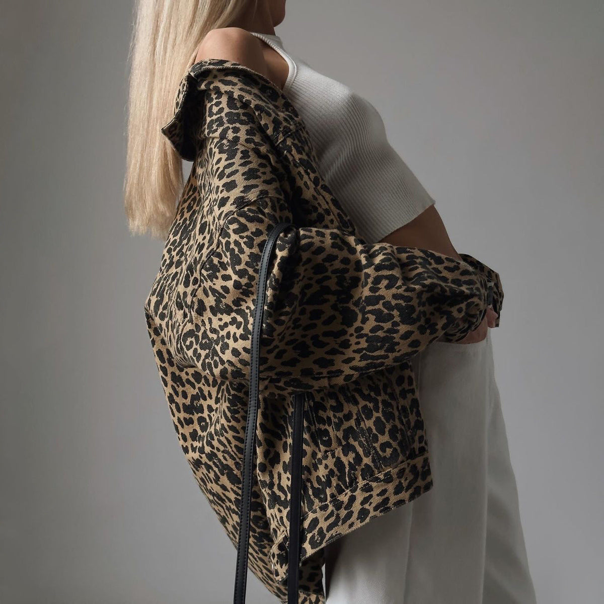 Denim Jacket with Leopard Print and Relaxed Fit