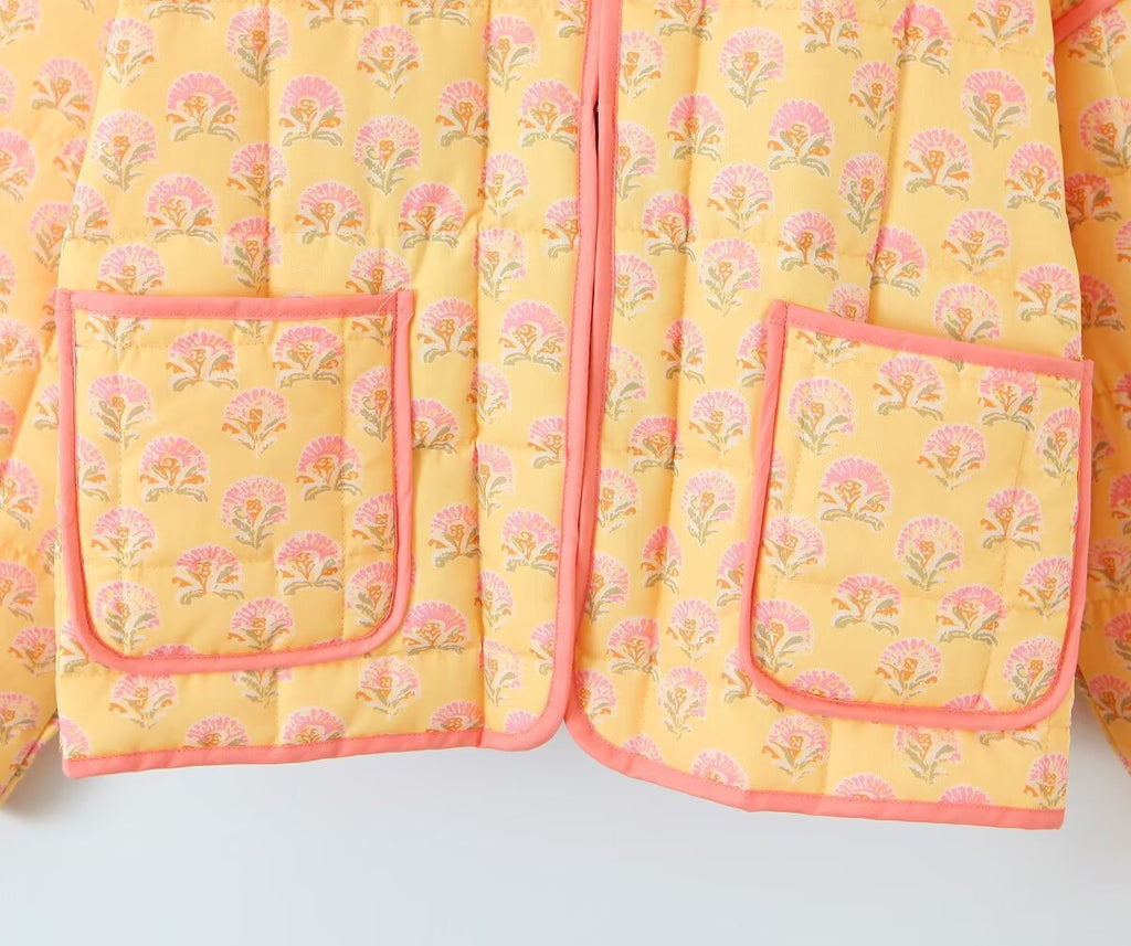 Jacket with Floral Print, Patchwork and Stand Collar