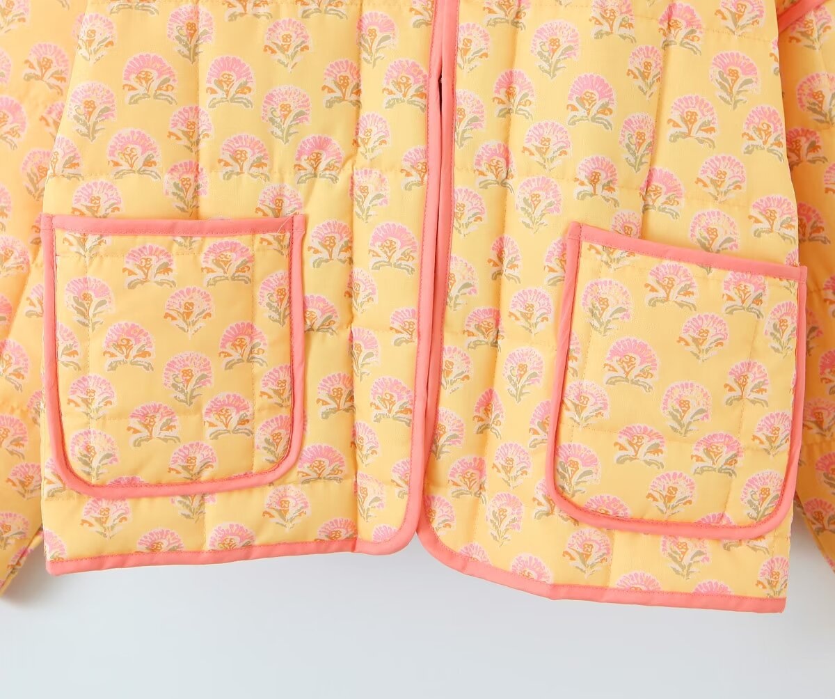 Jacket with Floral Print, Patchwork and Stand Collar