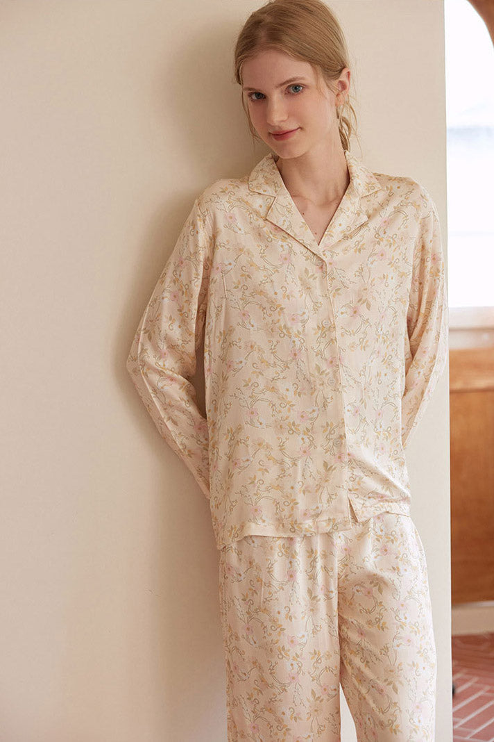 Flower Print Notched Collar Sleepwear Set
