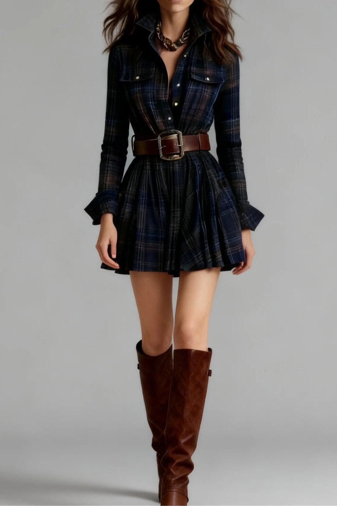 Retro Lapel Red and Brown Plaid Mini-Length Dress(Includes belt)