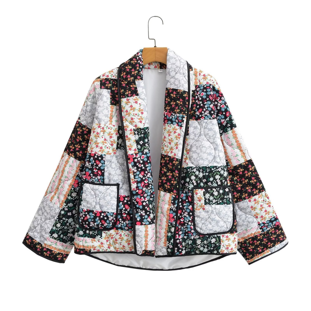 Jacket with Floral Print, Patchwork and Lapel Collar