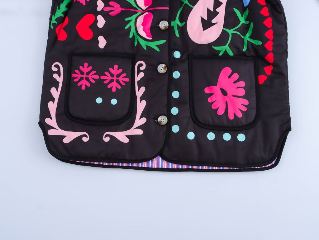 Denim Jacket with Graffiti Print and Pockets