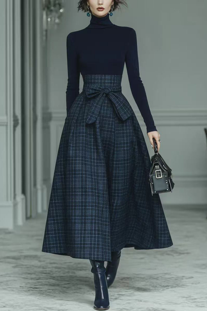 Coordinated Dark Blue Turtleneck Stretch Top And Plaid Skirt Set