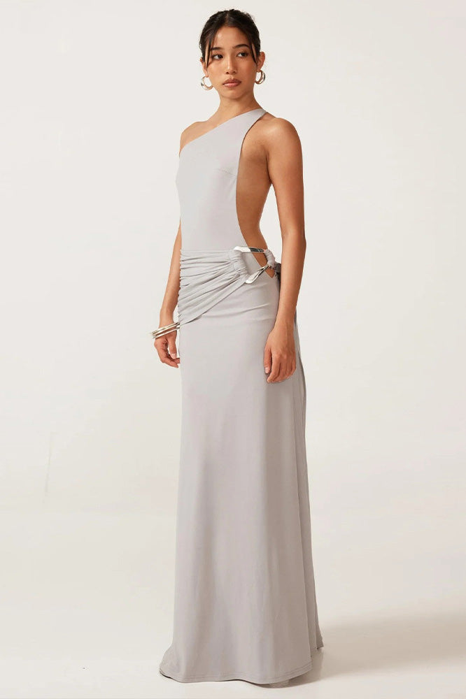One-Shoulder Open-Back Metal Maxi-Length Dress
