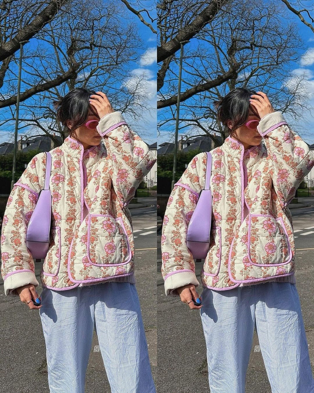 Jacket with Floral Print, Pockets and Drop Shoulders