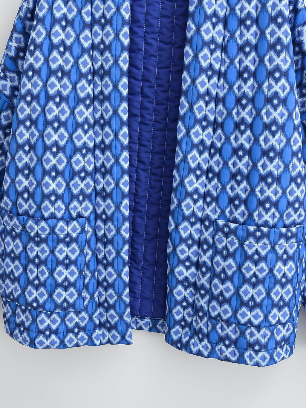 Quilted Jacket with Floral Print, Geometric Pattern and Pockets