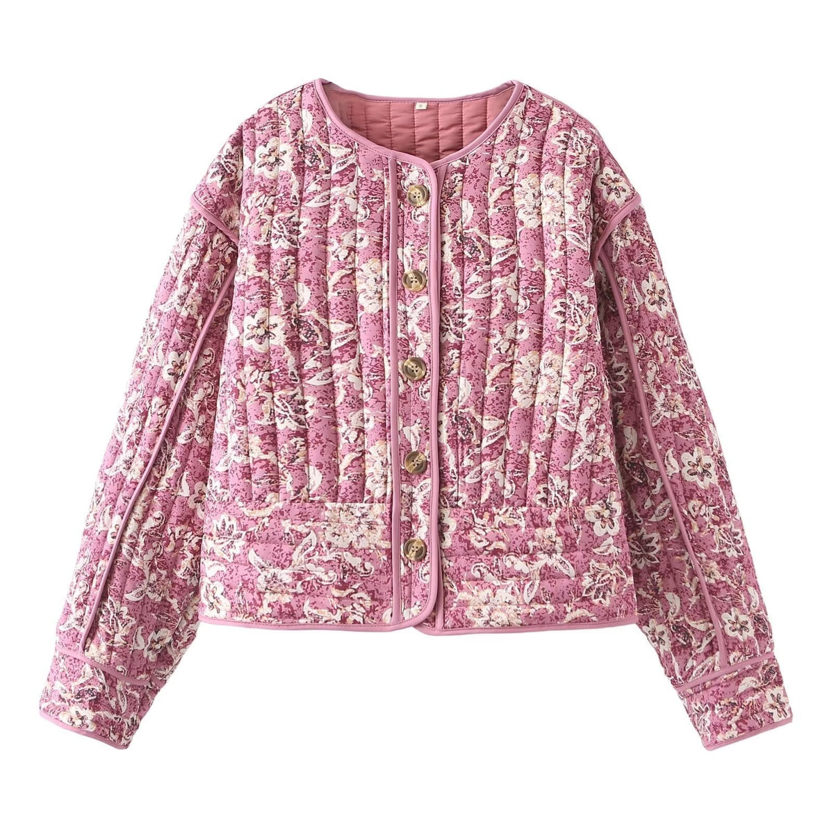 Quilted Jacket with Fitted Cut, Floral Print and Button Closure