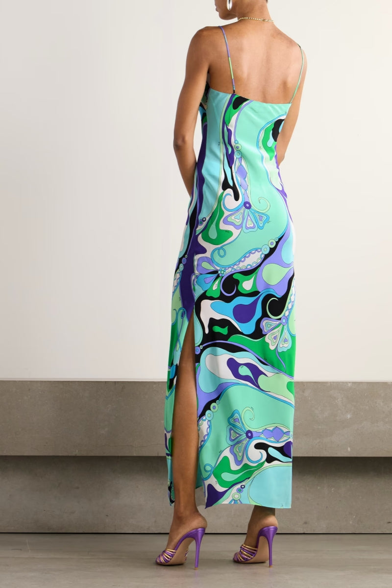 Marmo Patterned Satin Maxi-Length Dress
