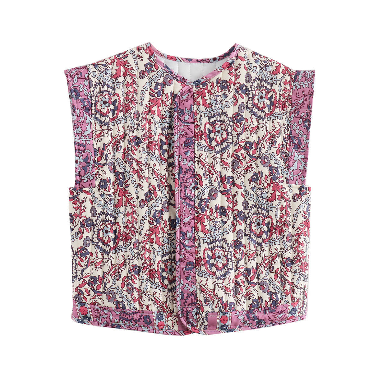 Lightweight Denim Vest with Ethnic Print and Relaxed Fit