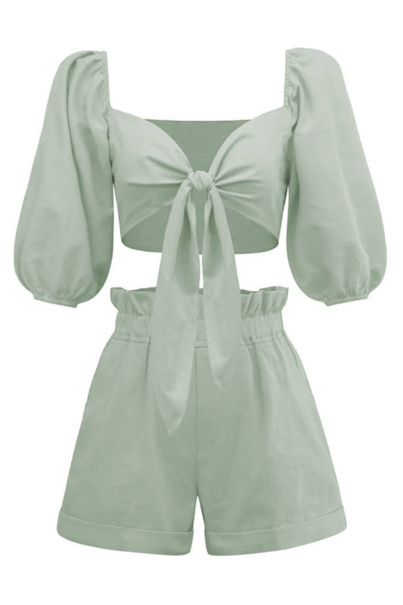 Modern Linen Wrap Front Tie Puff Sleeve Shorts Sets