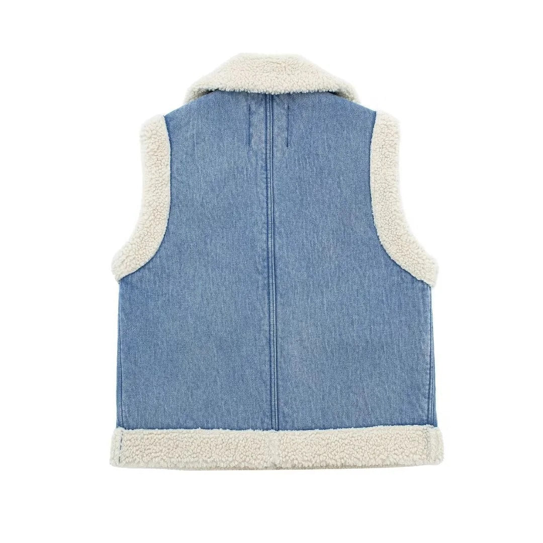Denim Vest with Lapel Collar and Pockets
